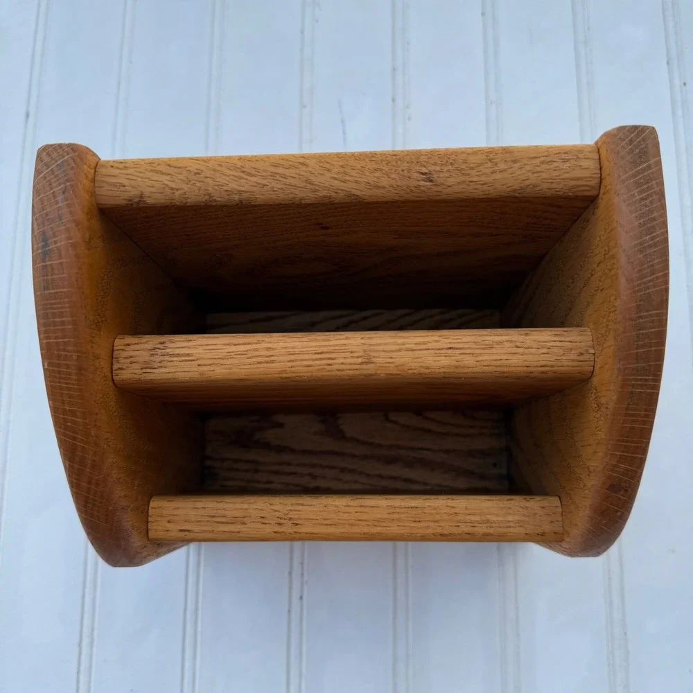Vintage Solid Oak Wood 3 Slot Remote Control Holder Mail Organizer Caddy